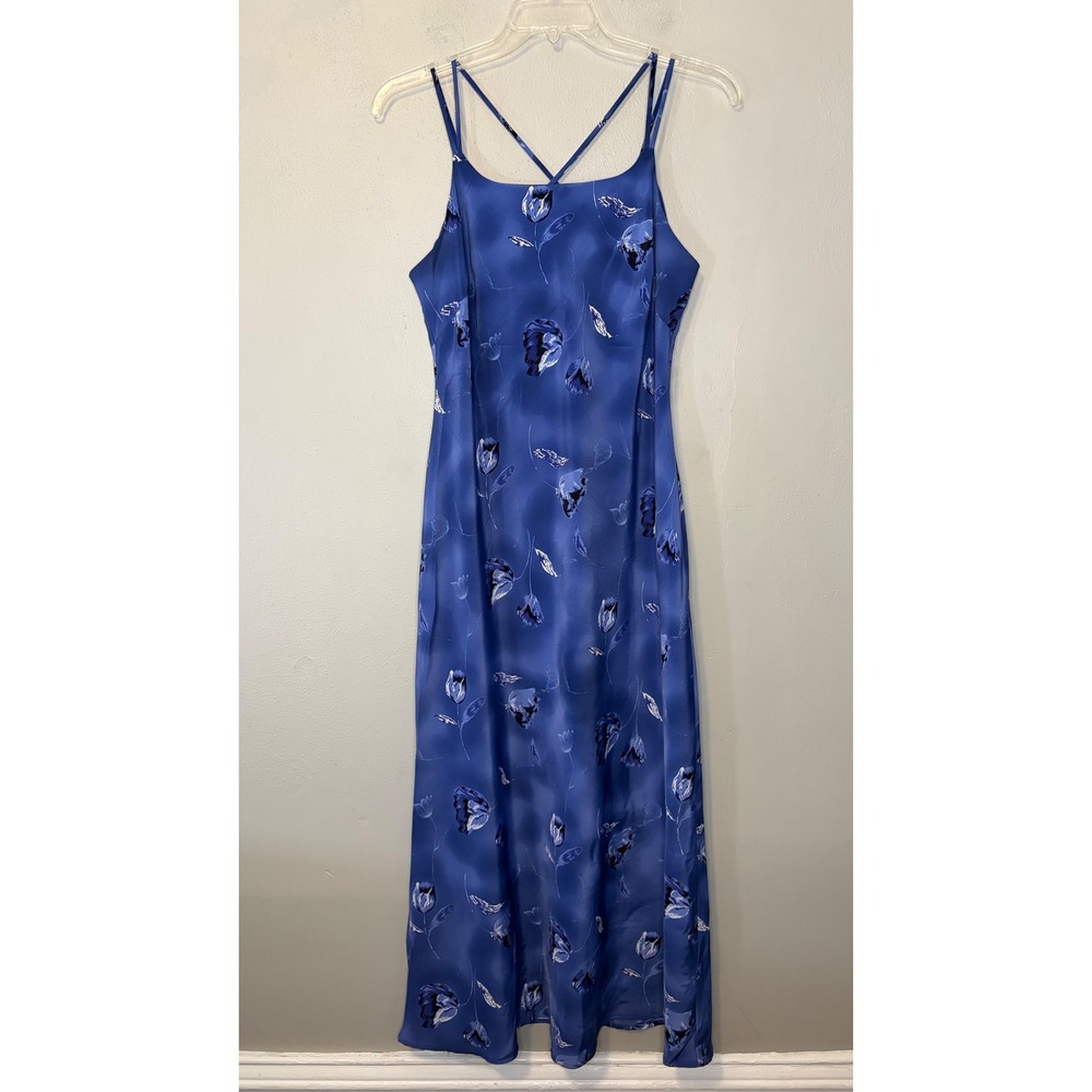 Lisa Jo Vintage Blue Floral Maxi Dress Lace Up Back Spaghetti Strap Size 13/14